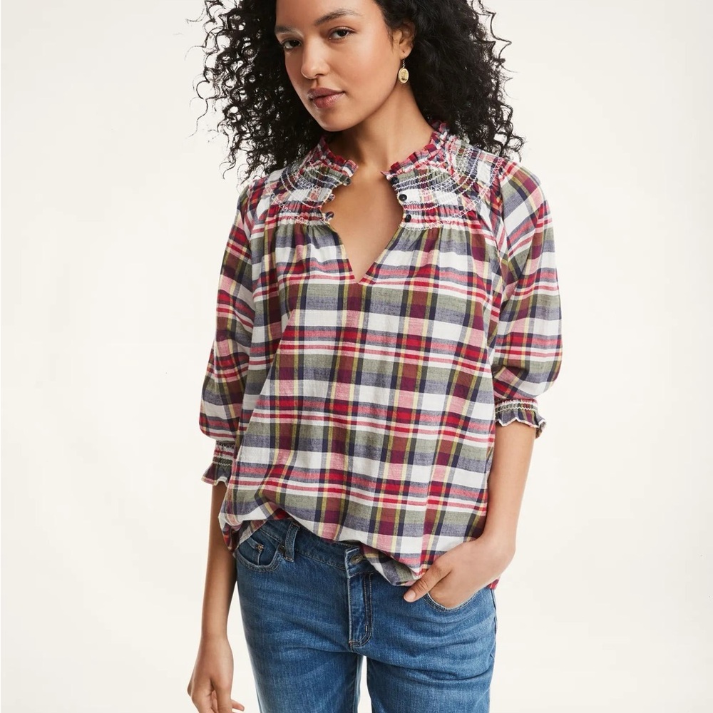 Brooks Brothers Popover Madras Smocked Blouse